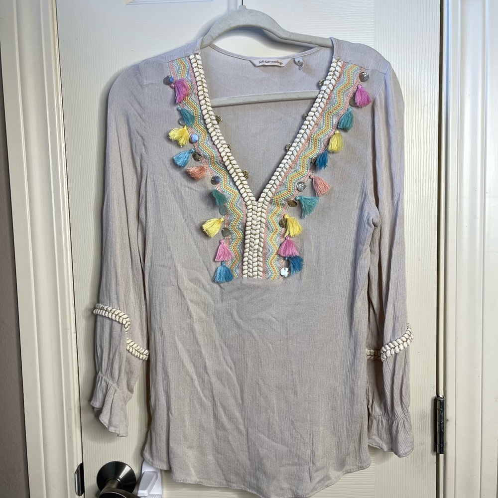 Soft Surroundings, Beige Bohemian Tassel Embroider Clementine Tunic Size Medium
